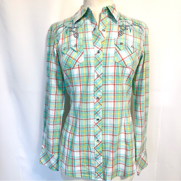 NEW ARIAT PASTEL PLAID RHINESTONE SNAP FRONT BLING EMBROIDERED WESTERN SHIRT SzS - Picture 1 of 11